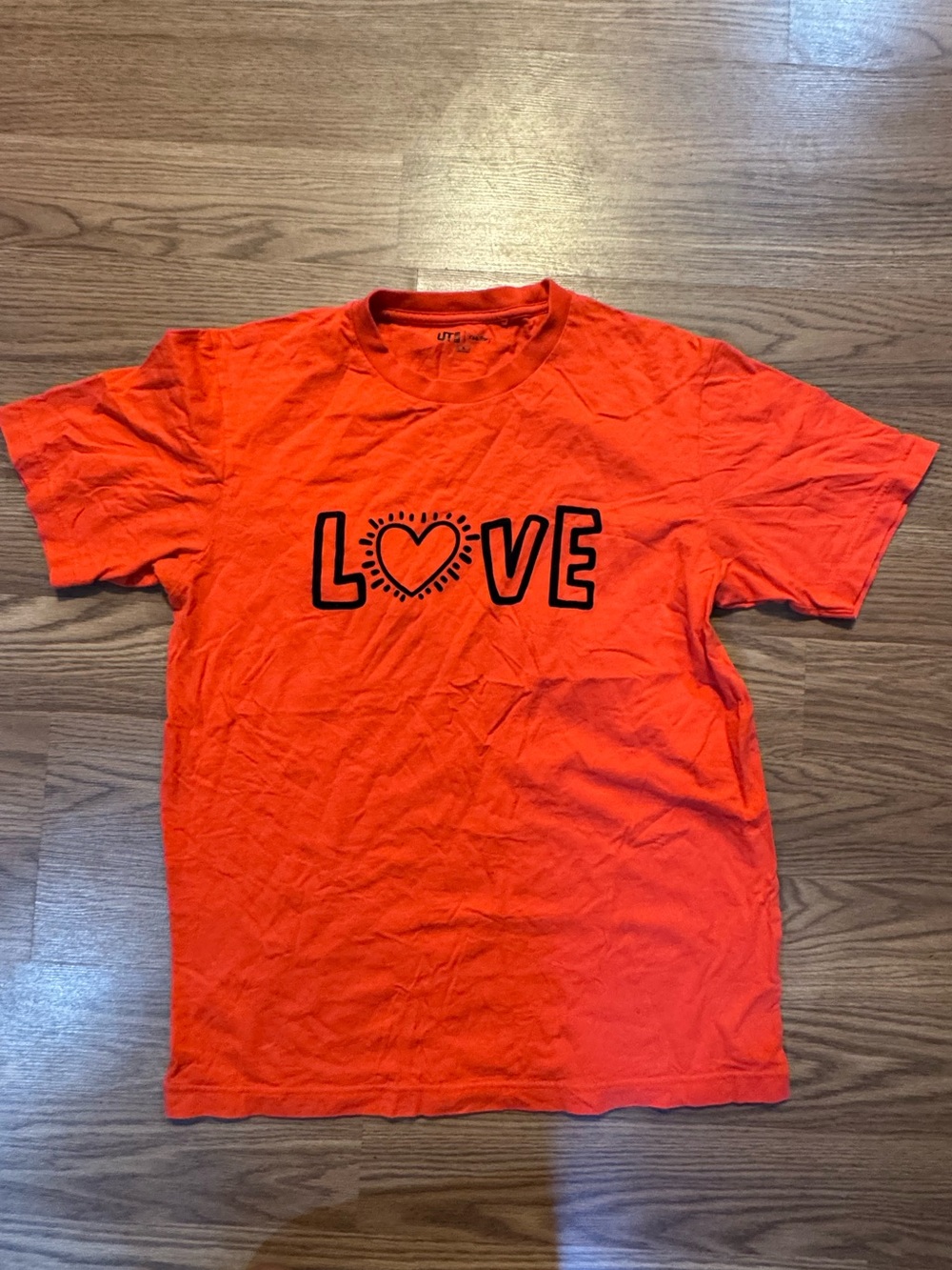 Uniqlo Orange Short Sleeve Tee with LOVE Heart Graphic